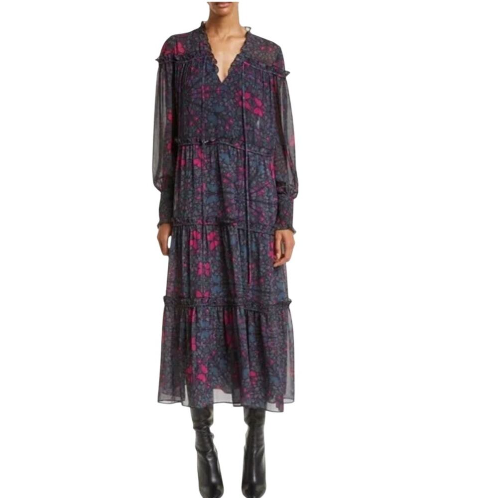 Ted Baker (Size 2) Ellyah Midi Dress Chiffon Tiered Cottage Dark Floral Ruffle
